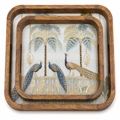 Royal Peacock Palm Square Wooden Nesting Serving Tray Set of 2