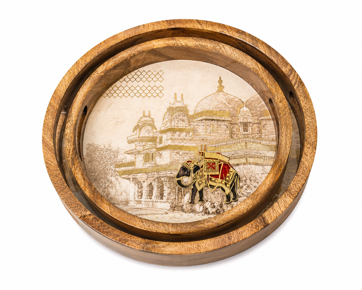 Royal Elephant Palace Round Wooden Nesting Serving Tray Set of 2