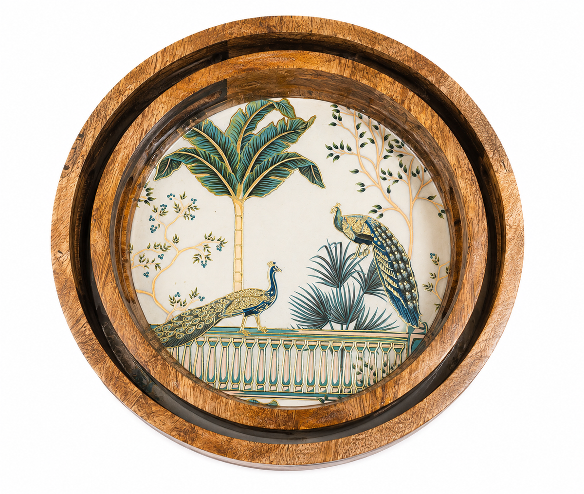 Royal Peacock Oasis Round Wooden Nesting Serving Tray Set of 2