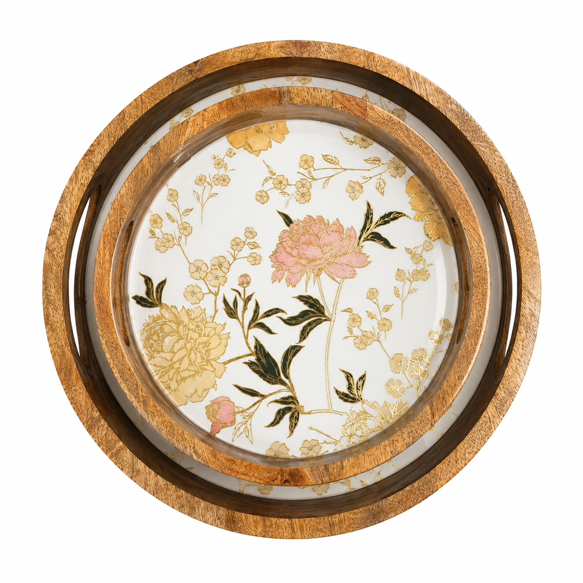 Blush Bloom Botanical Round Wooden Nesting Serving Tray Set of 2