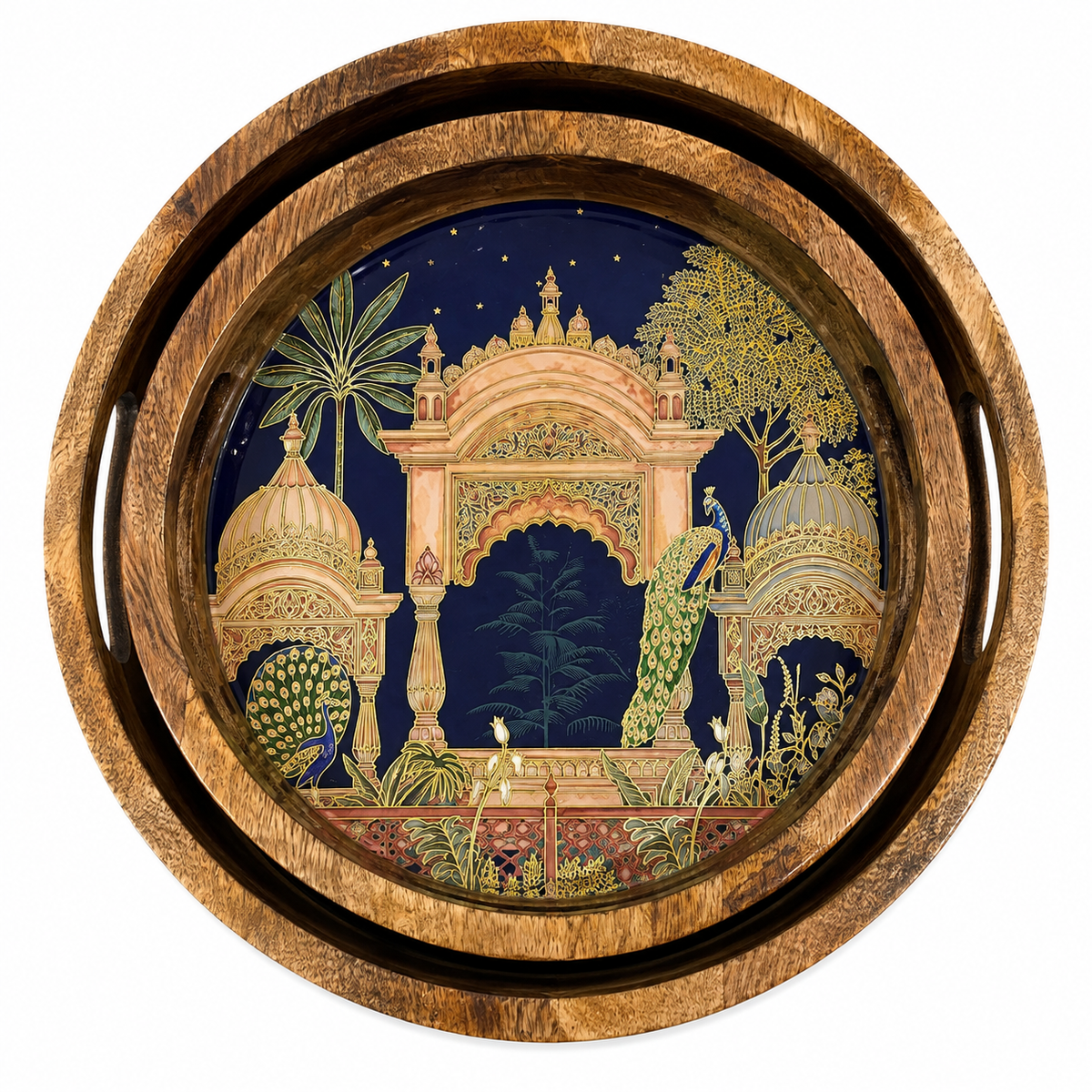 Midnight Peacock Palace Round Wooden Nesting Serving Tray Set of 2