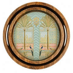 Royal Palm Peacock Round Wooden Nesting Serving Tray Set of 2
