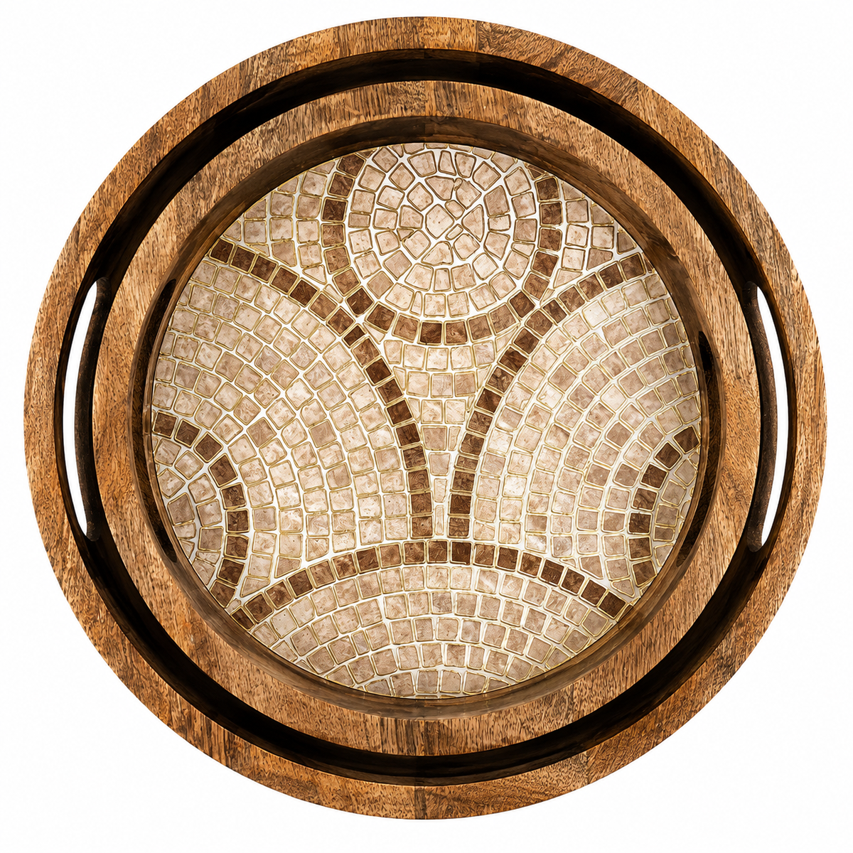 Taupe Mosaic Round Wooden Nesting Serving Tray Set of 2