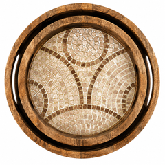 Taupe Mosaic Round Wooden Nesting Serving Tray Set of 2