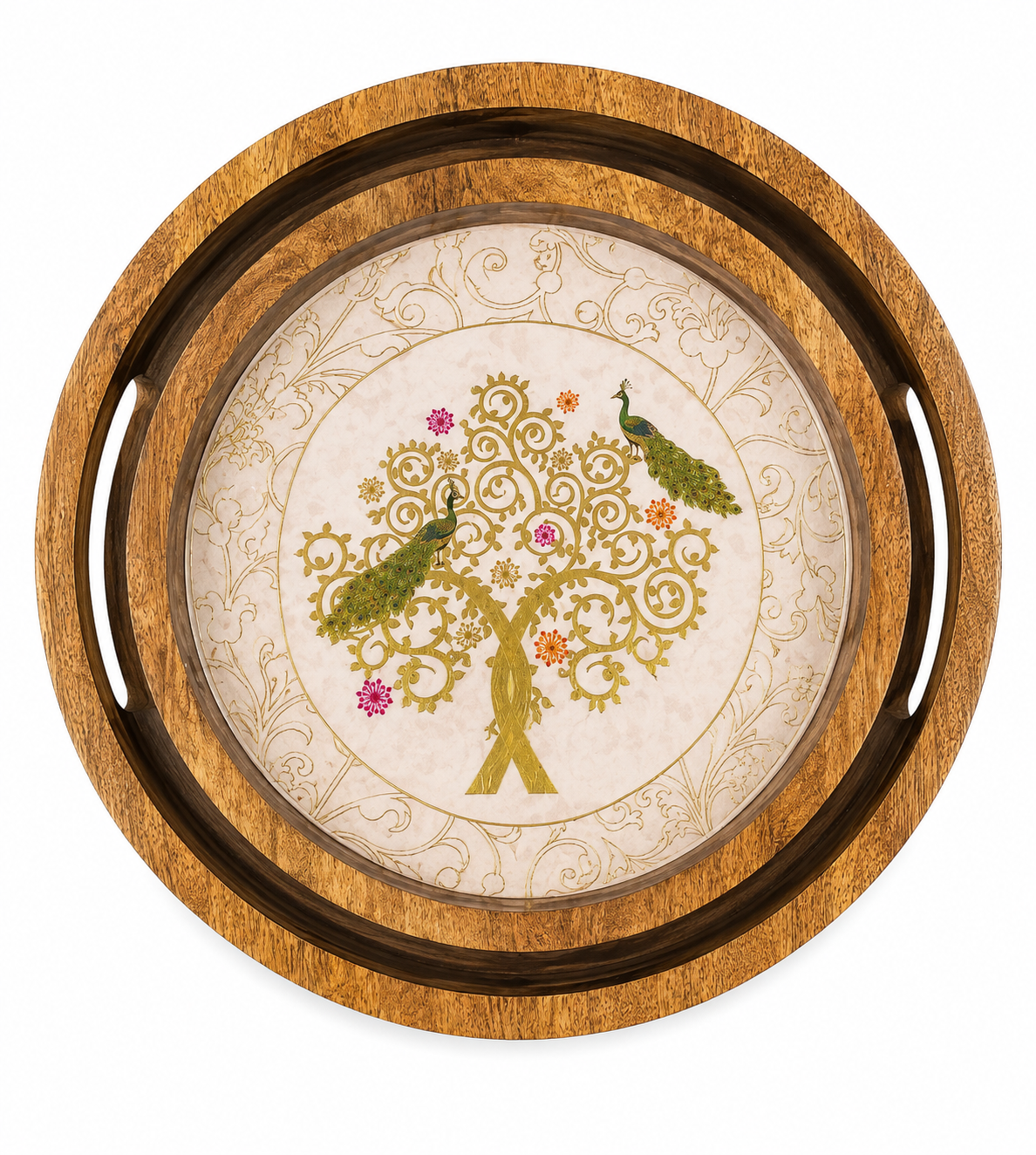 Golden Peacock Tree Round Wooden Nesting Serving Tray Set of 2
