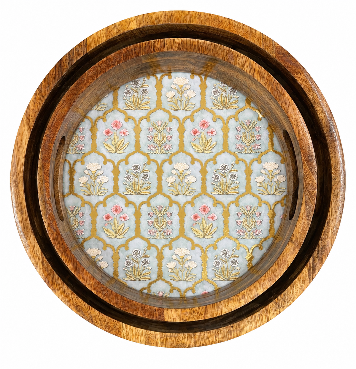 Vintage Floral Trellis Round Wooden Nesting Serving Tray Set of 2