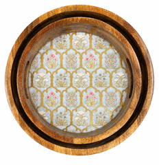 Vintage Floral Trellis Round Wooden Nesting Serving Tray Set of 2