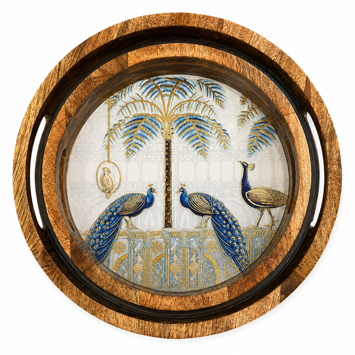 Royal Peacock Palm Round Wooden Nesting Serving Tray Set of 2