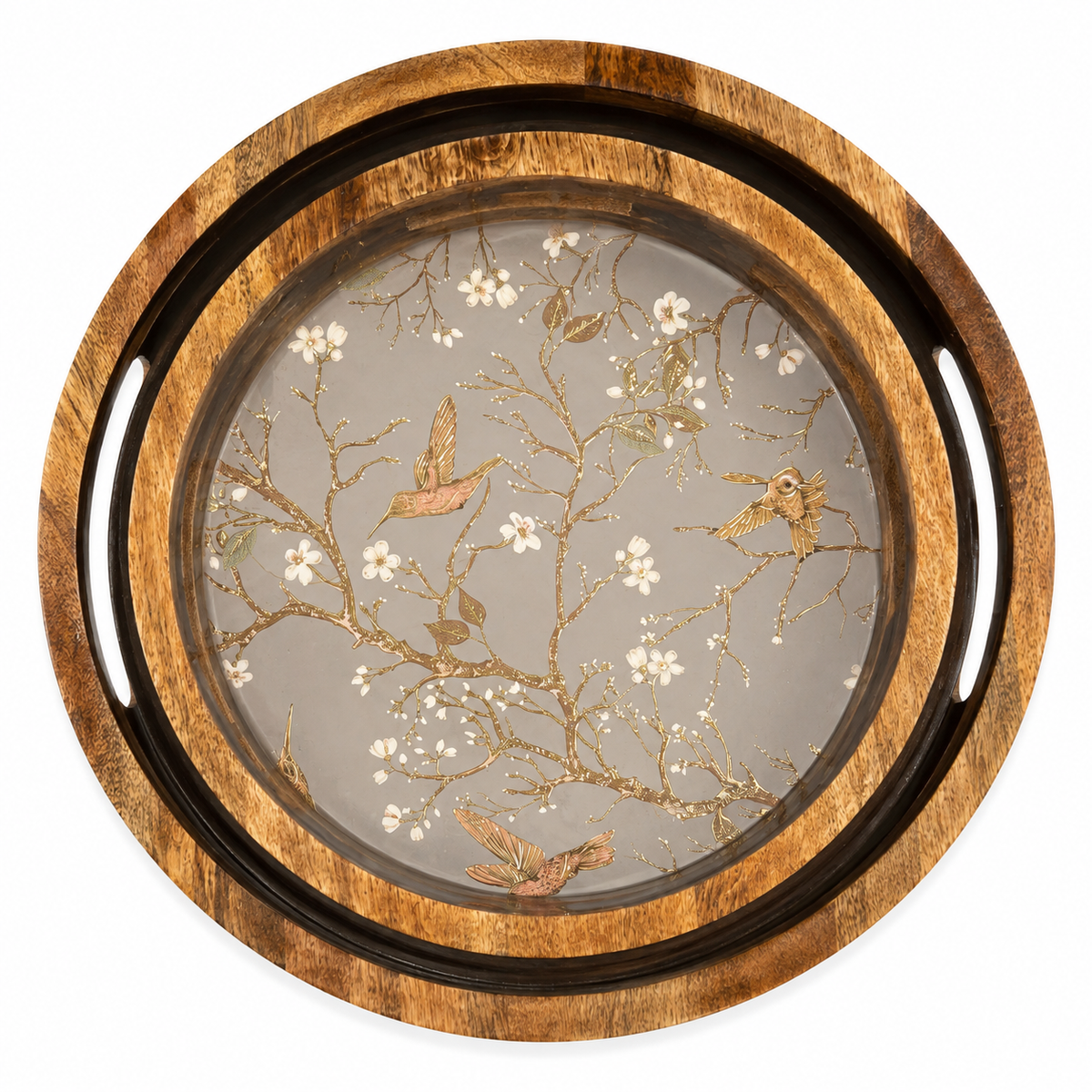Golden Blossom Birdsong Round Wooden Nesting Serving Tray Set of 2