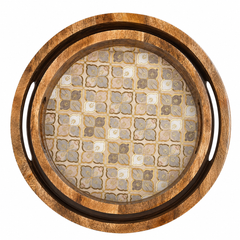 Golden Petal Trellis Round Wooden Nesting Serving Tray Set of 2