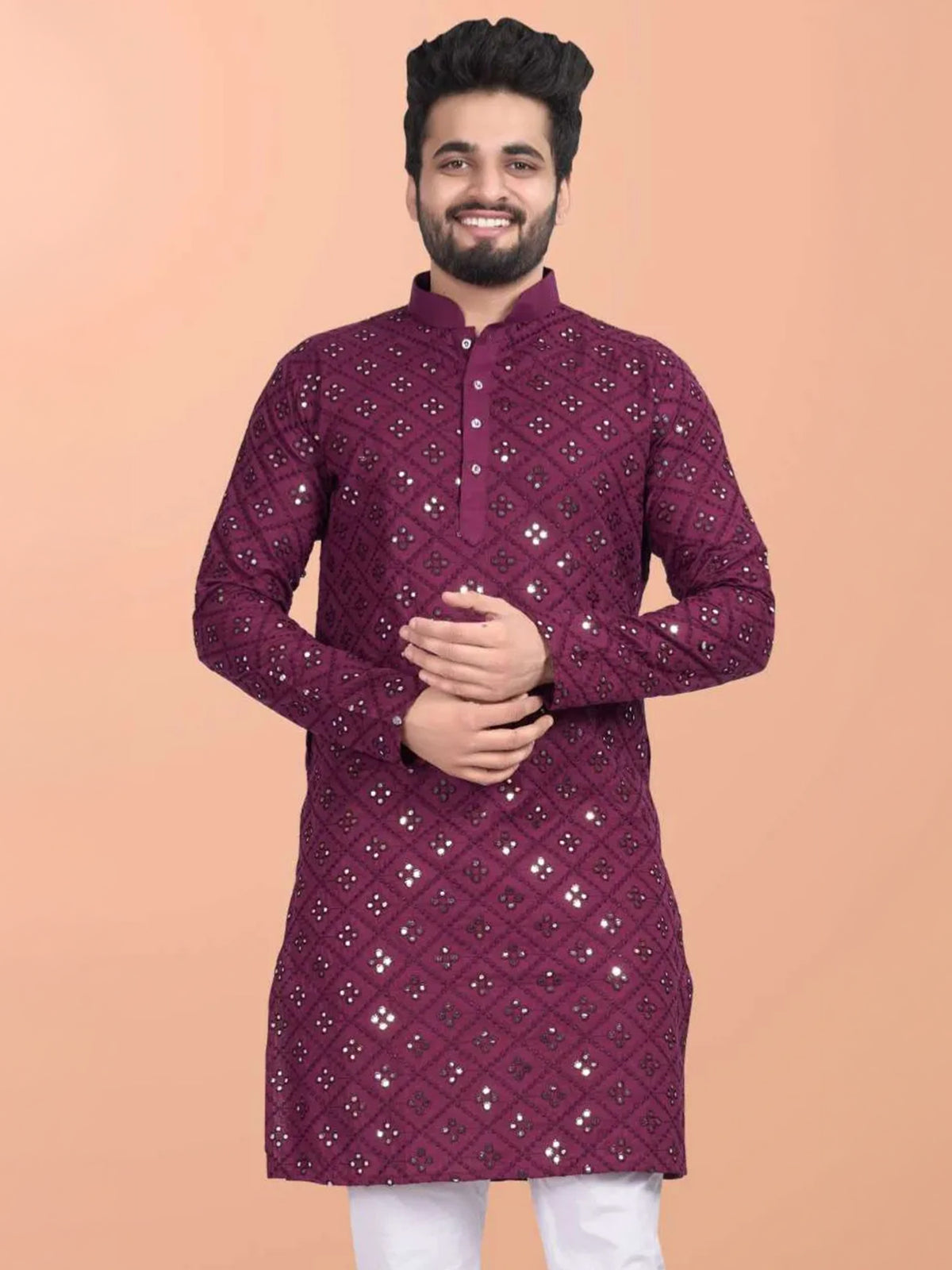 Magenta Blended Cotton Kurta with Mirror Work