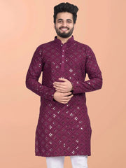 Magenta Blended Cotton Kurta with Mirror Work