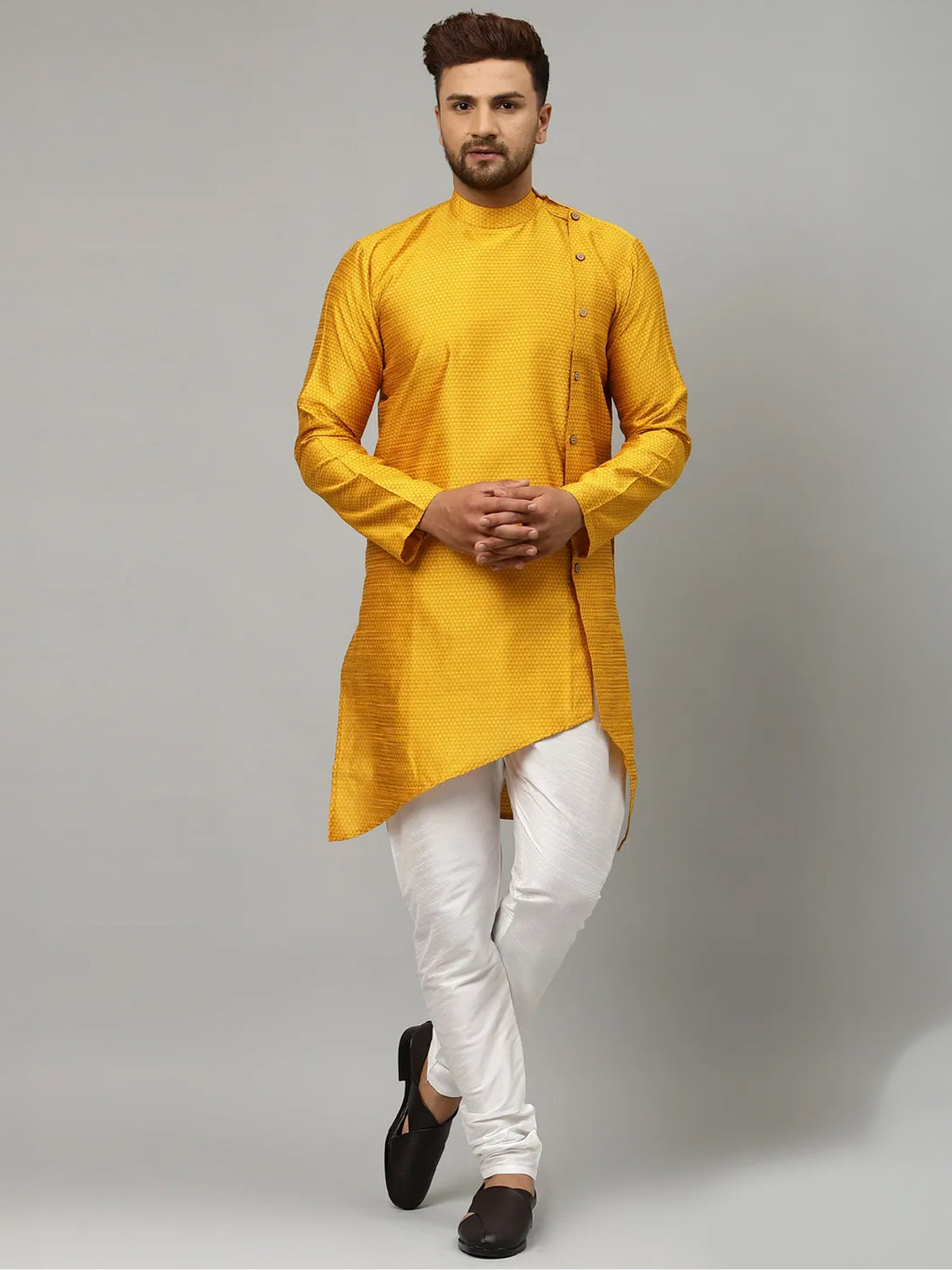 Yellow Cotton Kurta Set with Self-Print