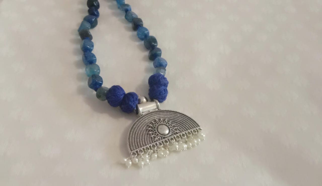 Blue Stone Semi-circular Pendant Necklace
