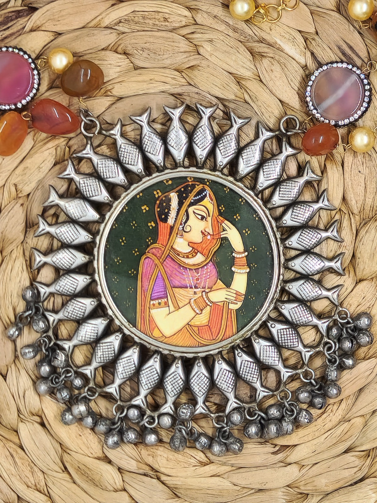Silver Circular Pendant with Orange Central Picture
