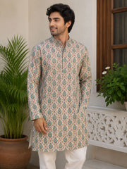 Printed Mens kurta set with blue motifs