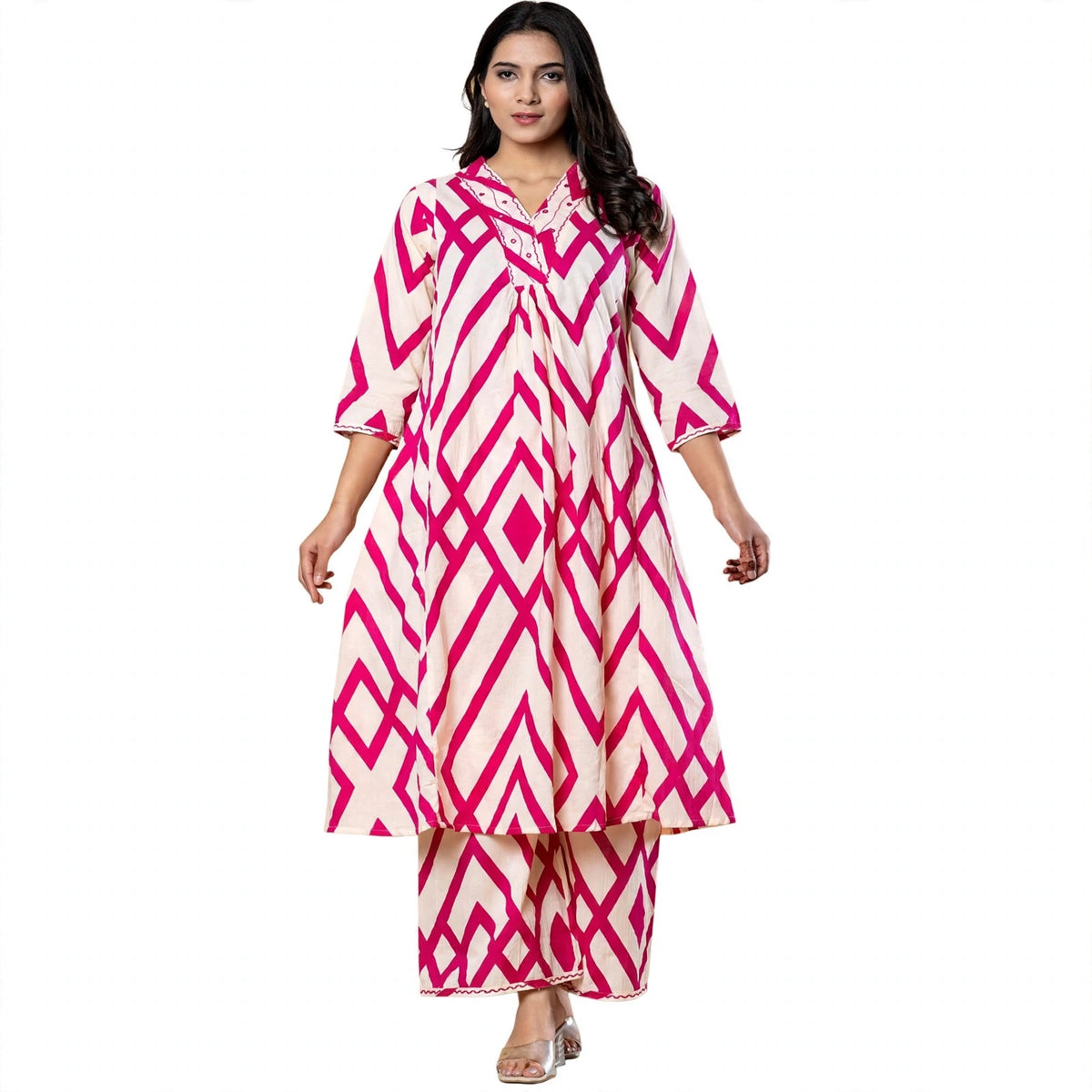 Striking White and Red Geometric Kurta Set