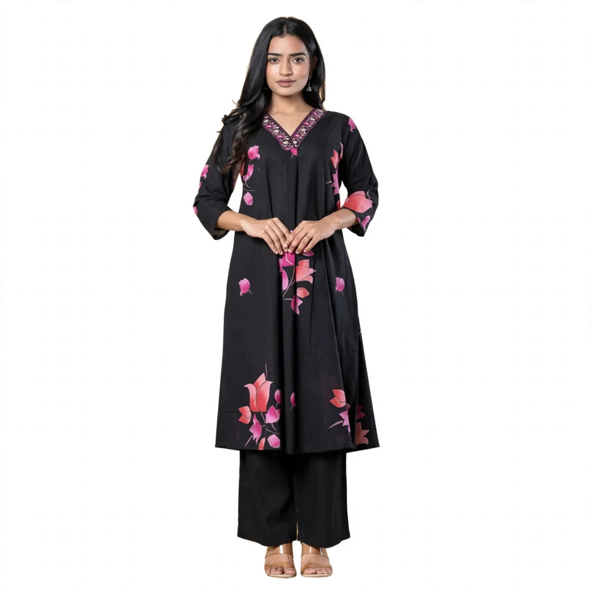 Elegant Black Pink Floral Kurta Set