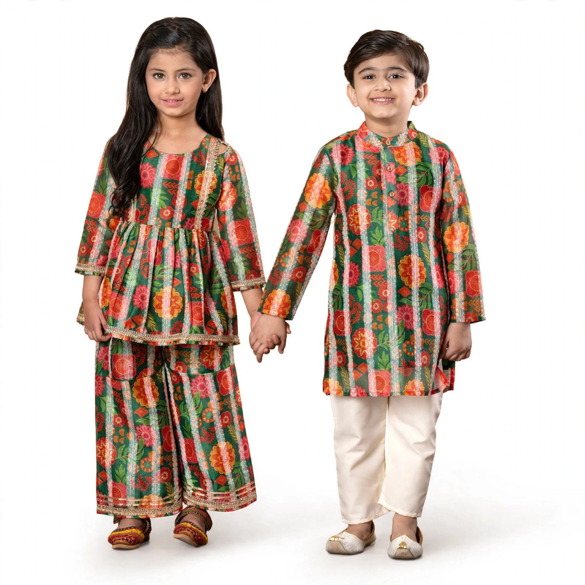 Festive Mosaic Sibling Twinning Set Vibrant Kurta & Sharara Combo