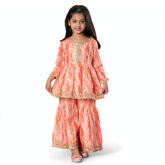 Coral Harmony Sibling Twinning Set Ethnic Ikat-Inspired Kurta & Sharara Combo