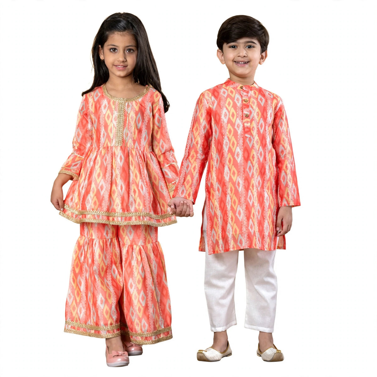 Coral Harmony Sibling Twinning Set Ethnic Ikat-Inspired Kurta & Sharara Combo