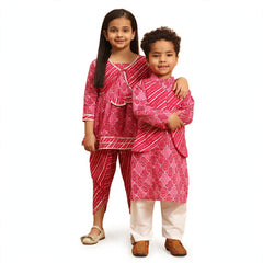 Pink Cotton Kurta Set with Striped Jacket Boy