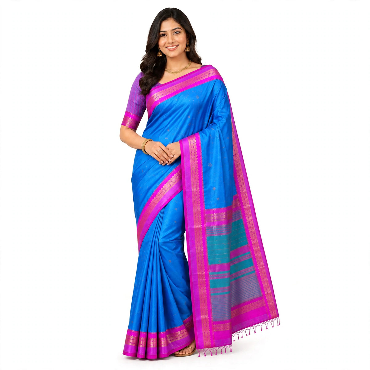 Blue & Pink Contrast Silk Saree