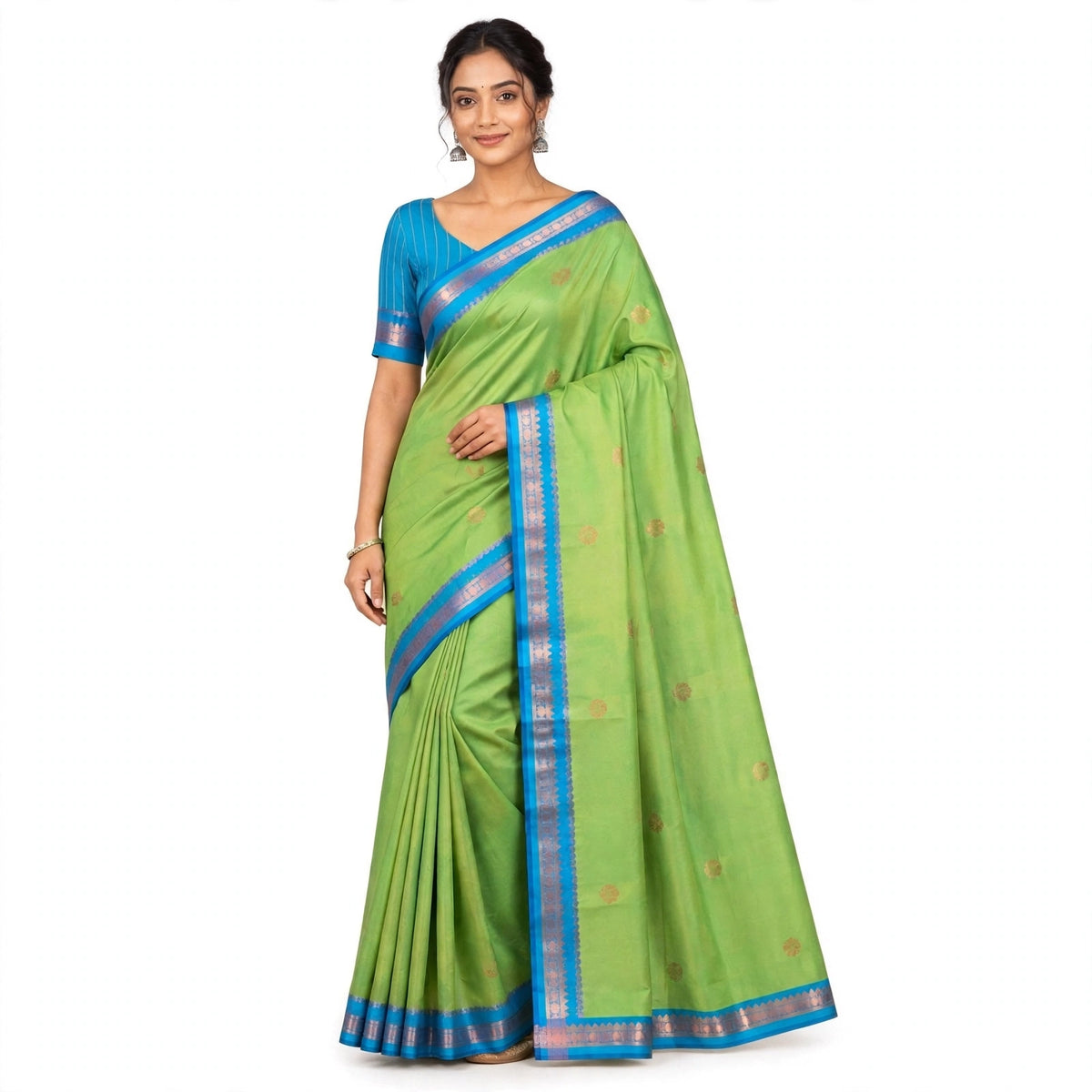 Blue & Green Contrast Silk Saree with Gold Pallu