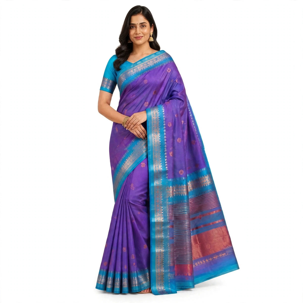 Teal & Purple Silk Saree with Zari Border
