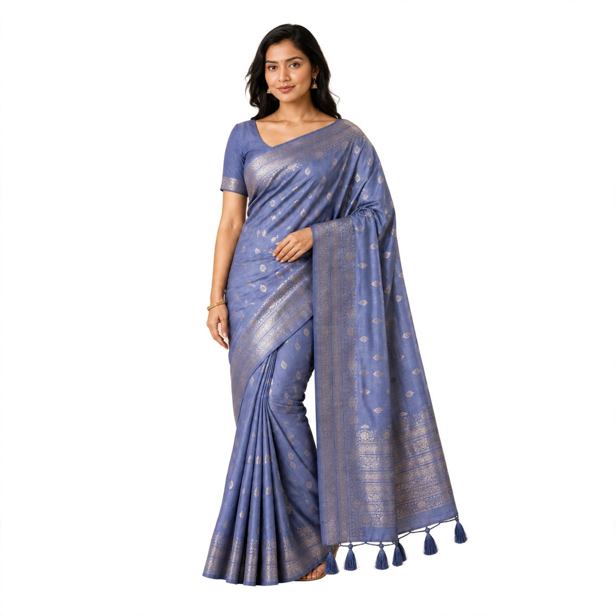 Steel Blue Silk Saree with Silver Zari Border