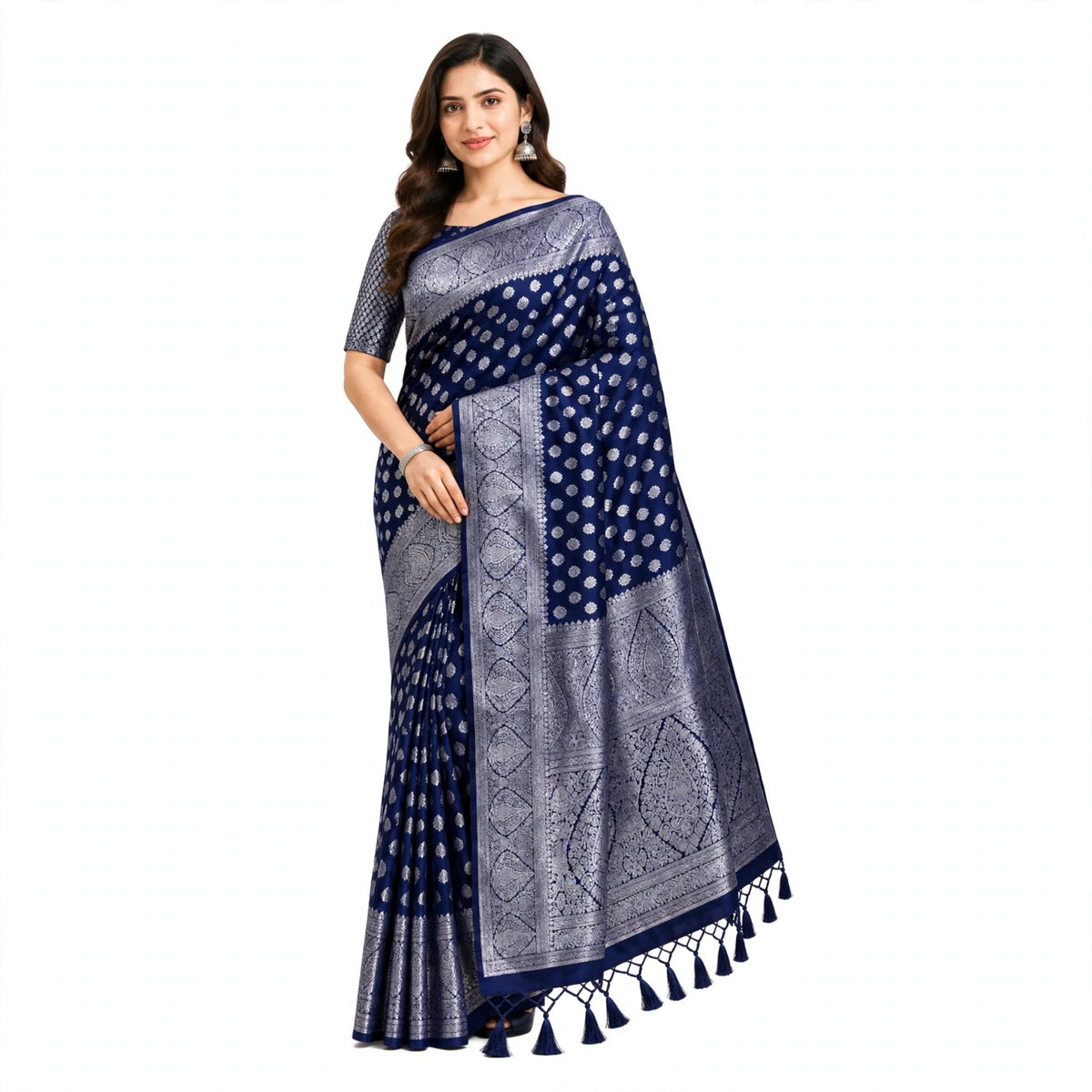 Navy Blue Silk Saree with Silver Zari Weave