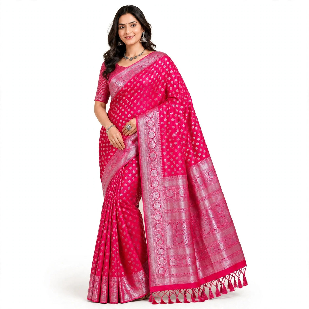 Red Silk Saree with Silver Zari Weave