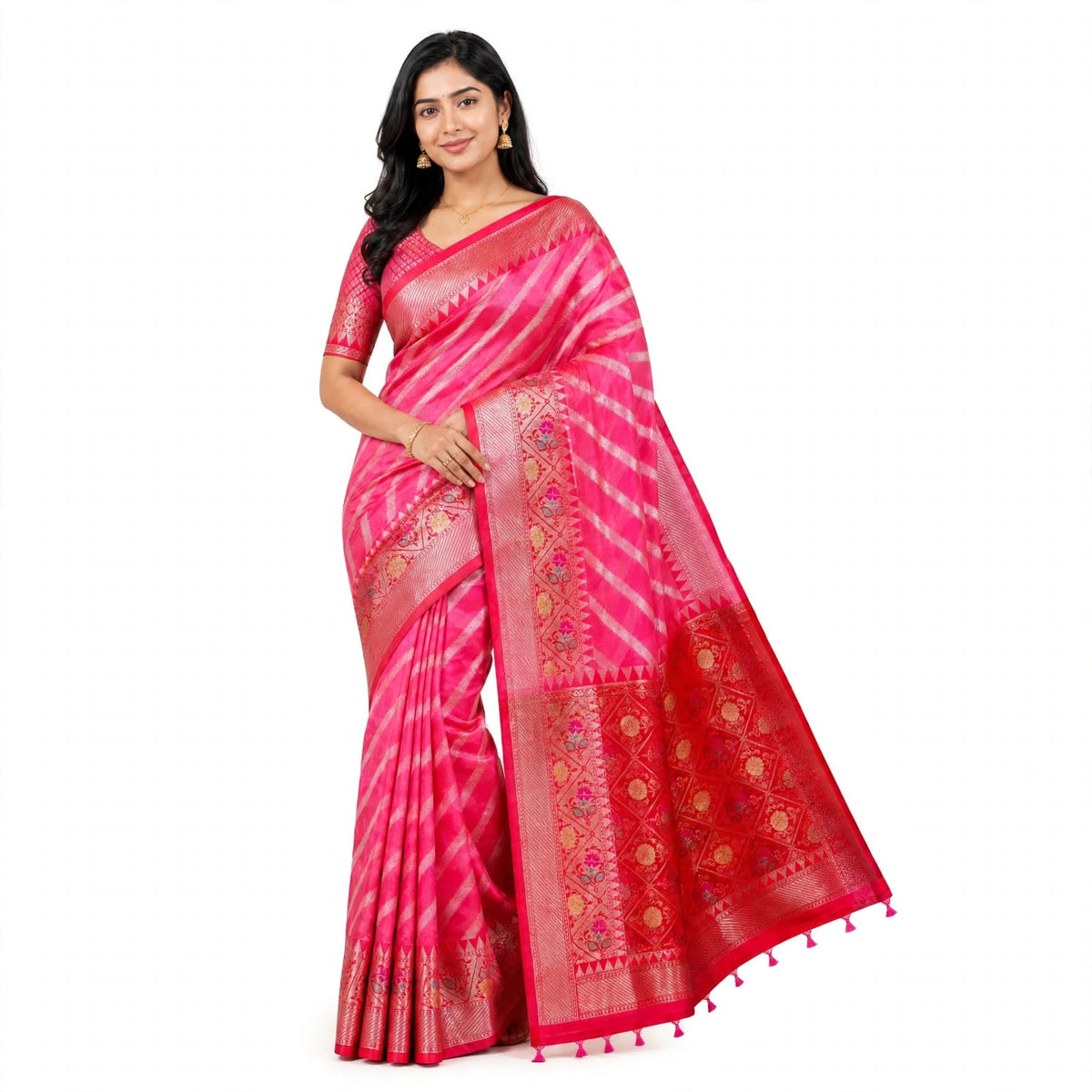 Rani Pink Silk Saree with Red Zari Border