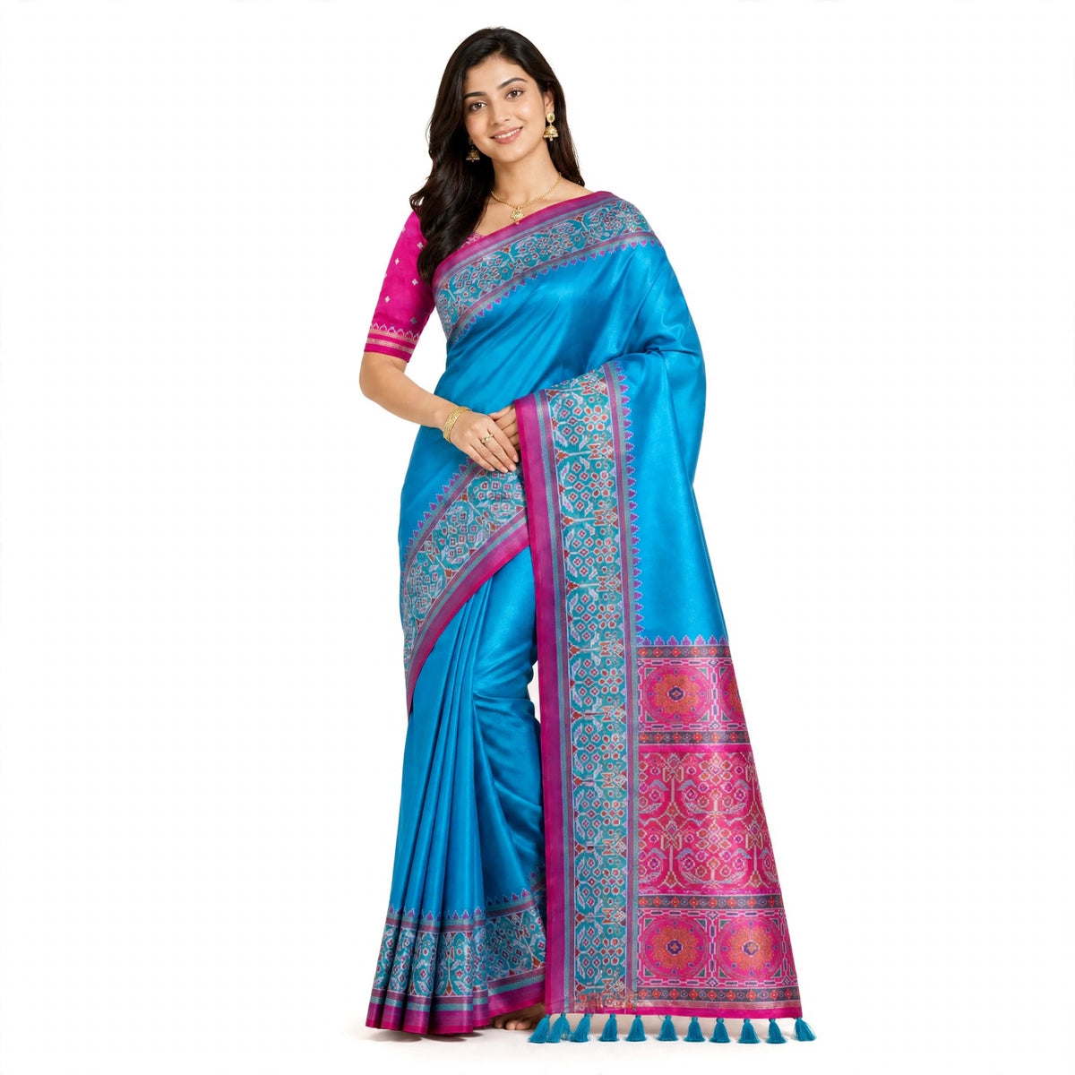Turquoise Silk Saree with Pink Woven Border