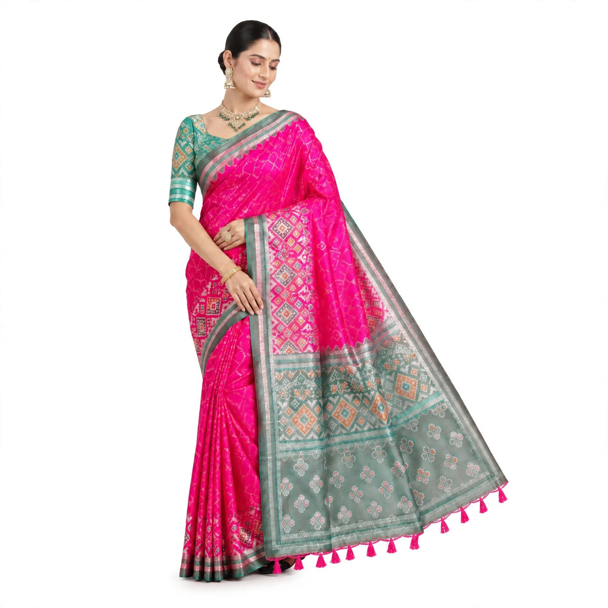 Dual Tone Pink & Green Silk Saree with Geometric Weave