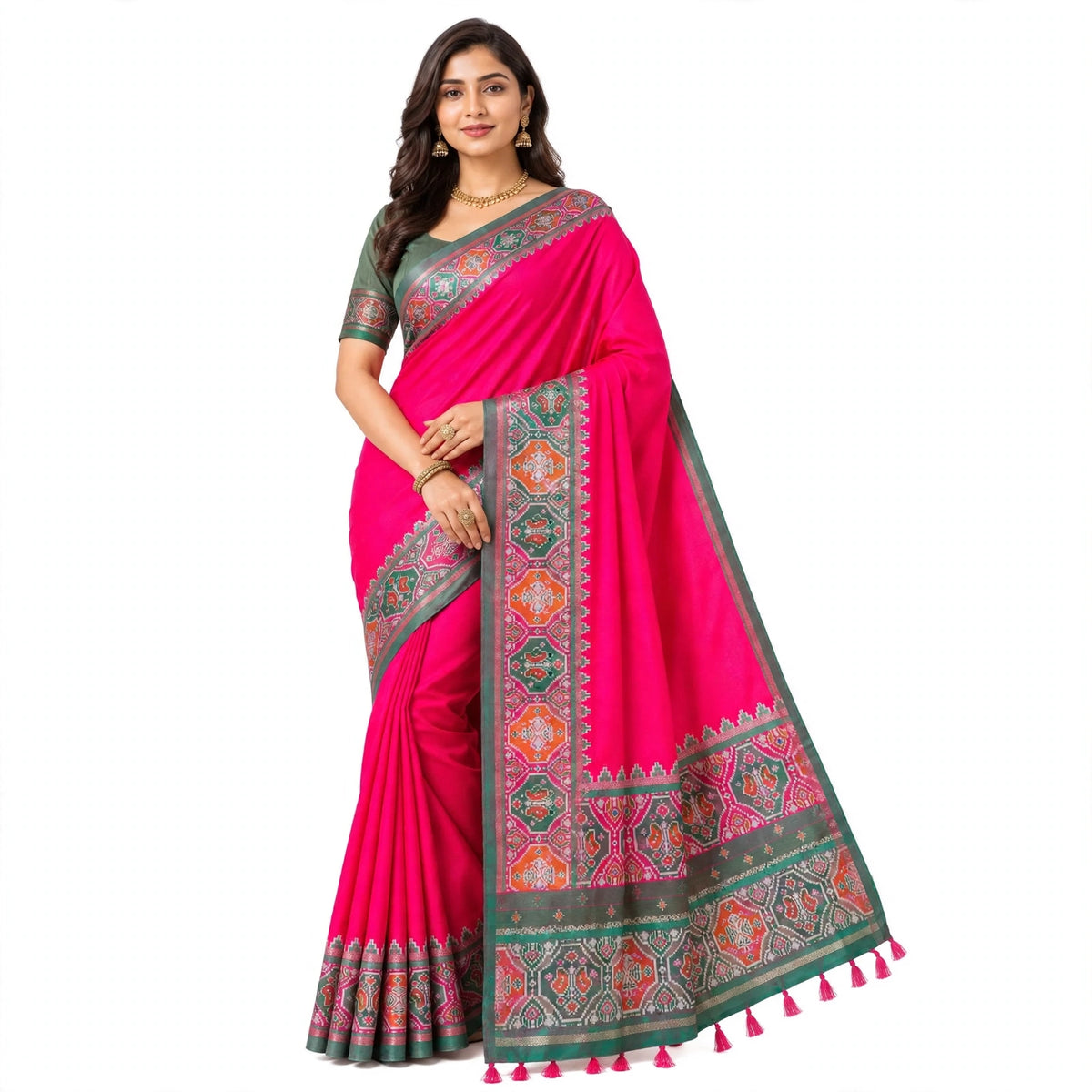 Pink Silk Saree with Green Border
