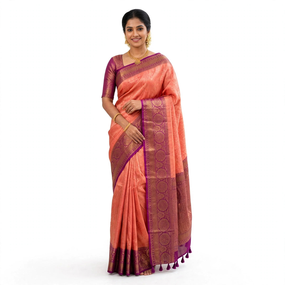 Classic Orange & Purple Pure Kanjeevaram Silk Saree