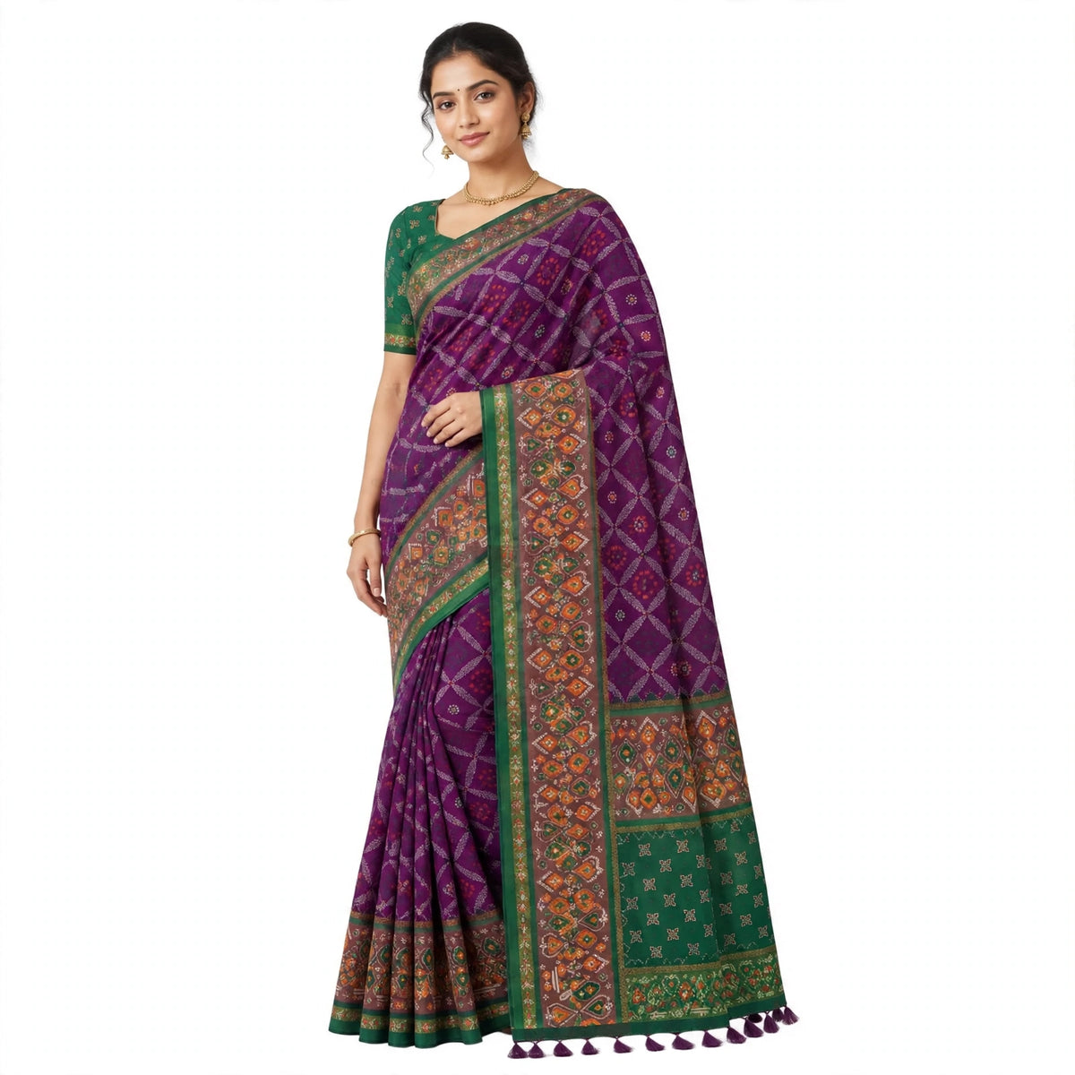 Royal Purple Patan Patola Saree with Green Borber
