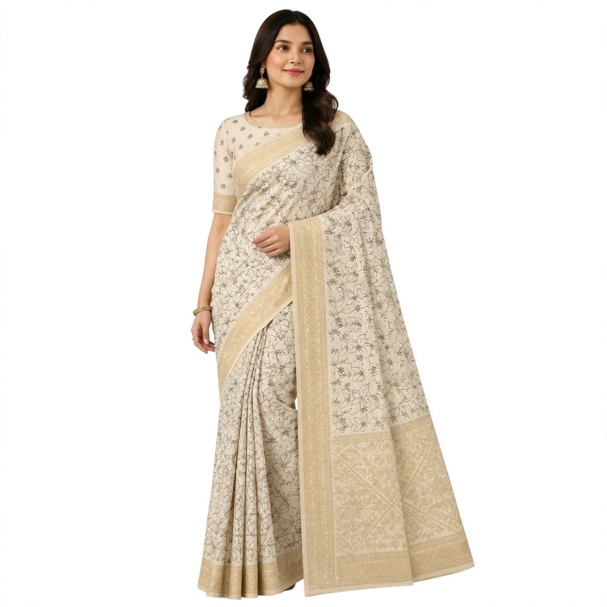 Elegant Cream Chiffon Saree with Black Floral Design & Gold Border