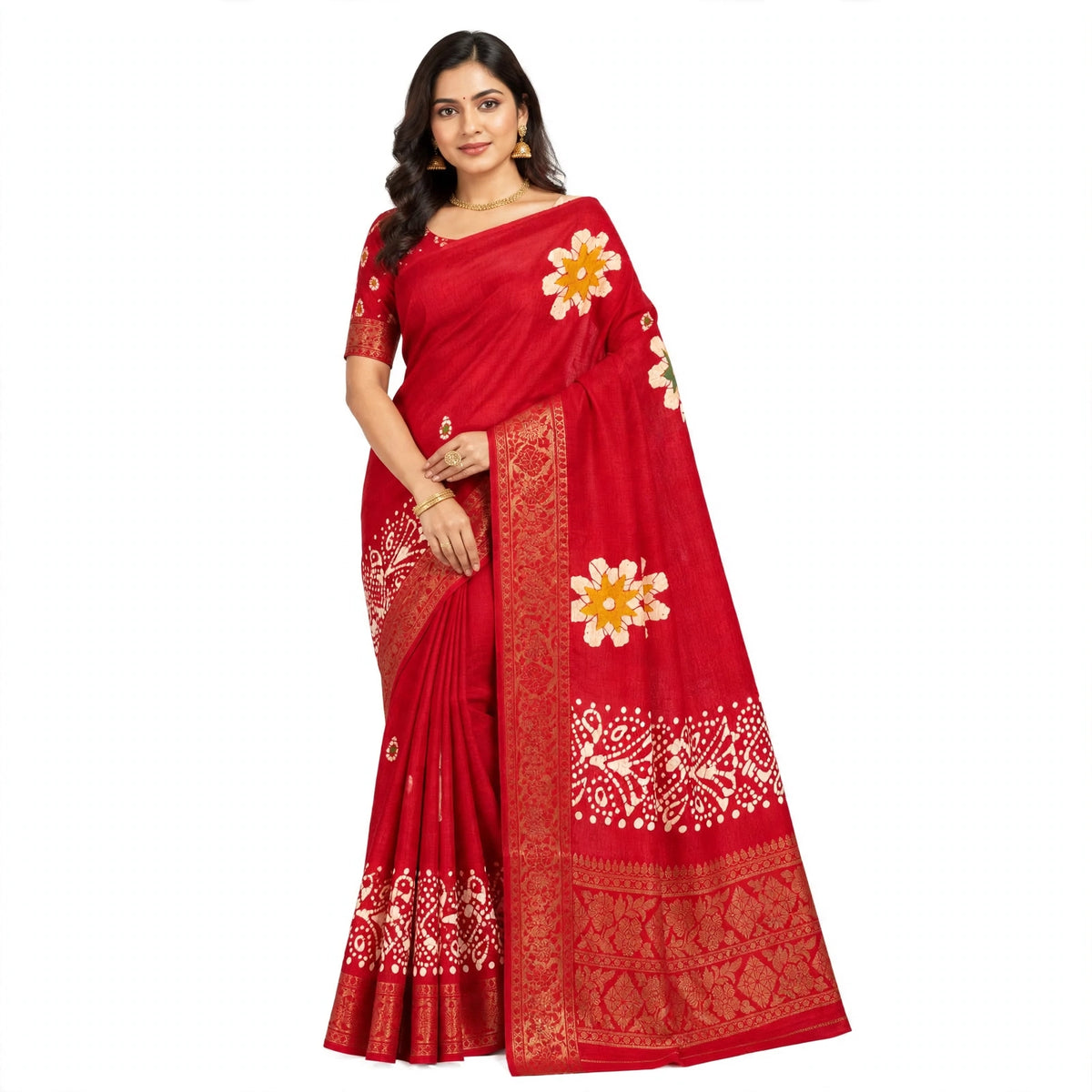 Traditional Red Crepe Chiffon Bandhani Saree with Gold Border