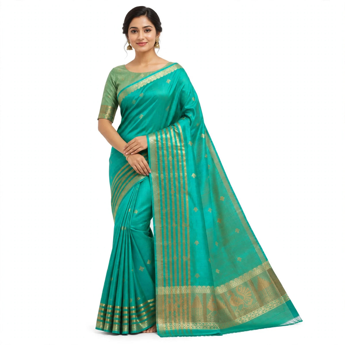 Dark Green Bangalore Silk Saree with Gold Peacock Border & Motifs