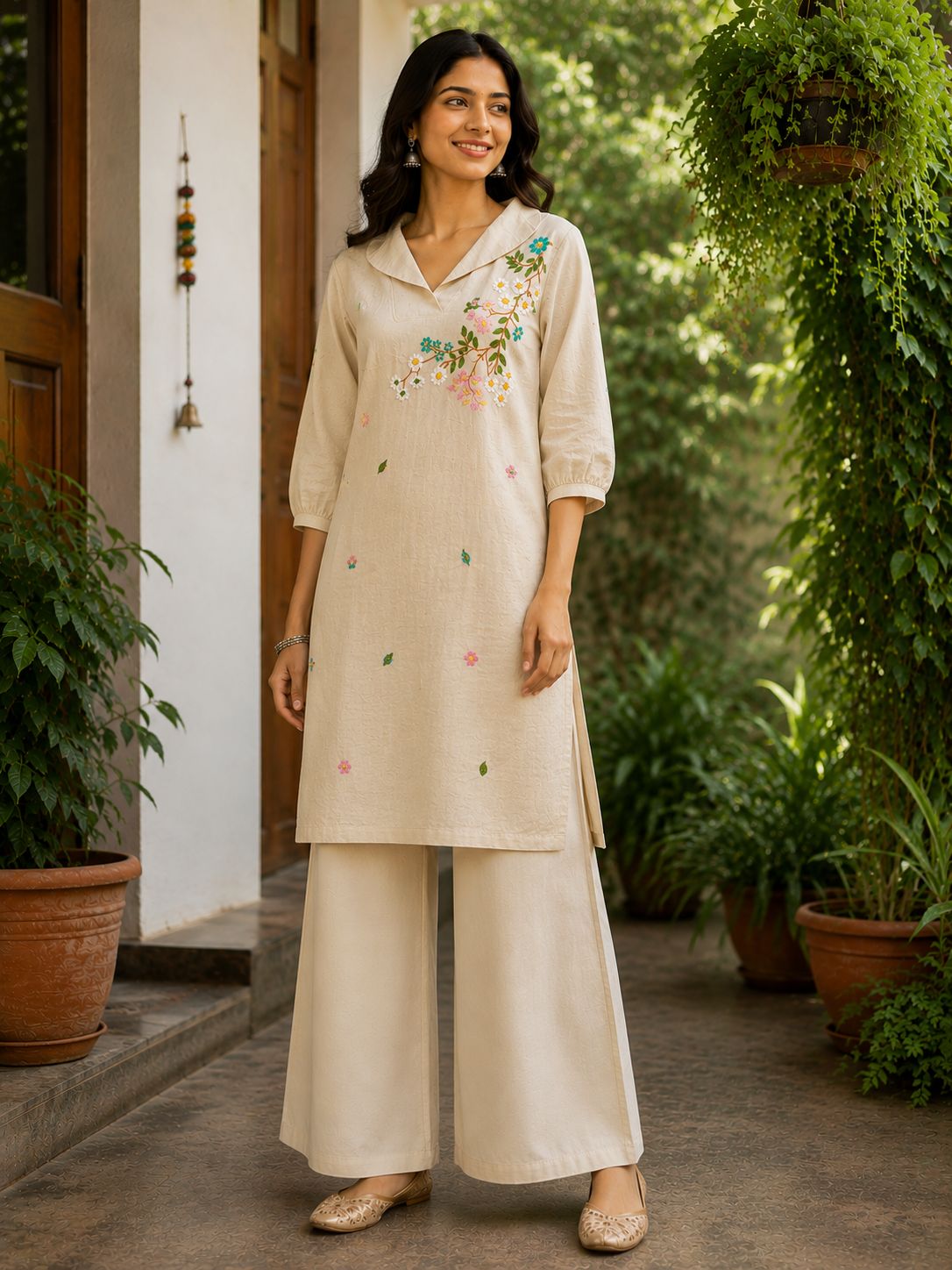 Cream Co-ord Set with subtle embriodered flowers