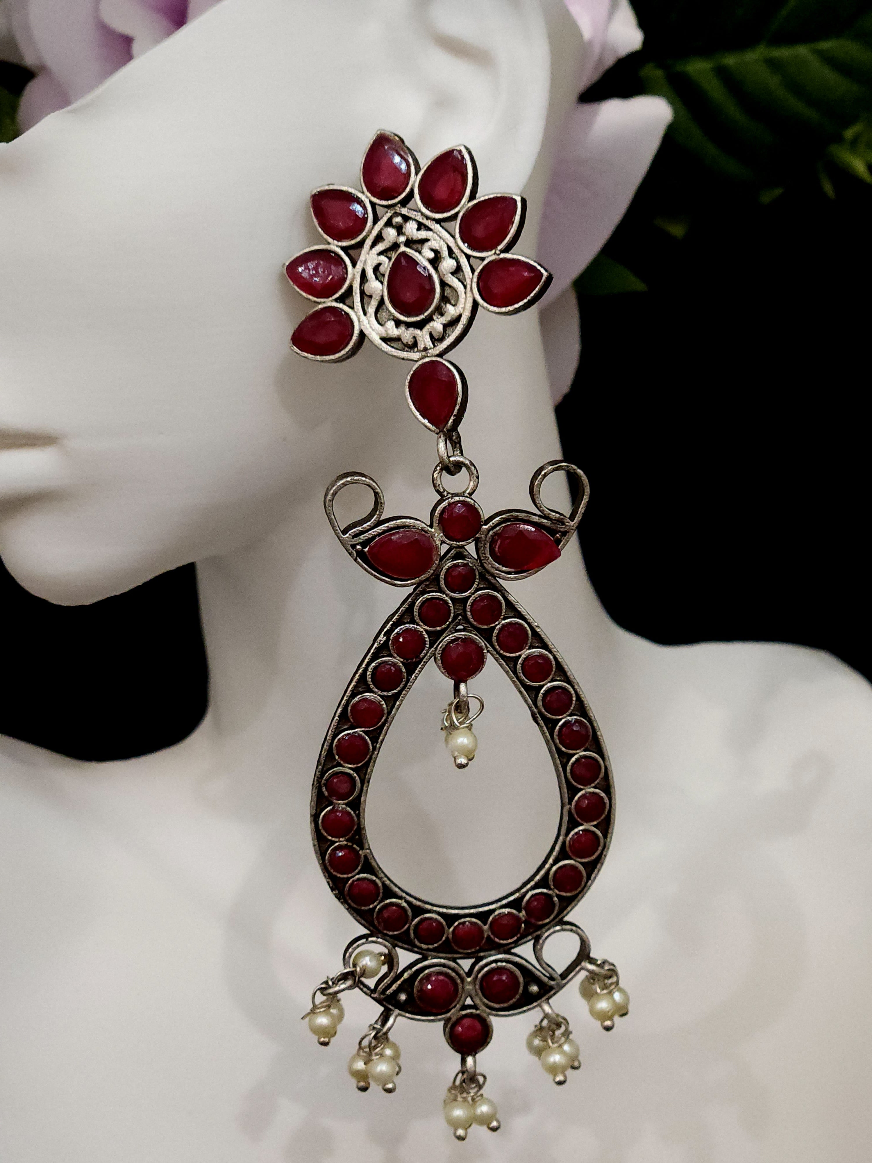 Ethnic Oxidised Red Stone Jhumkas