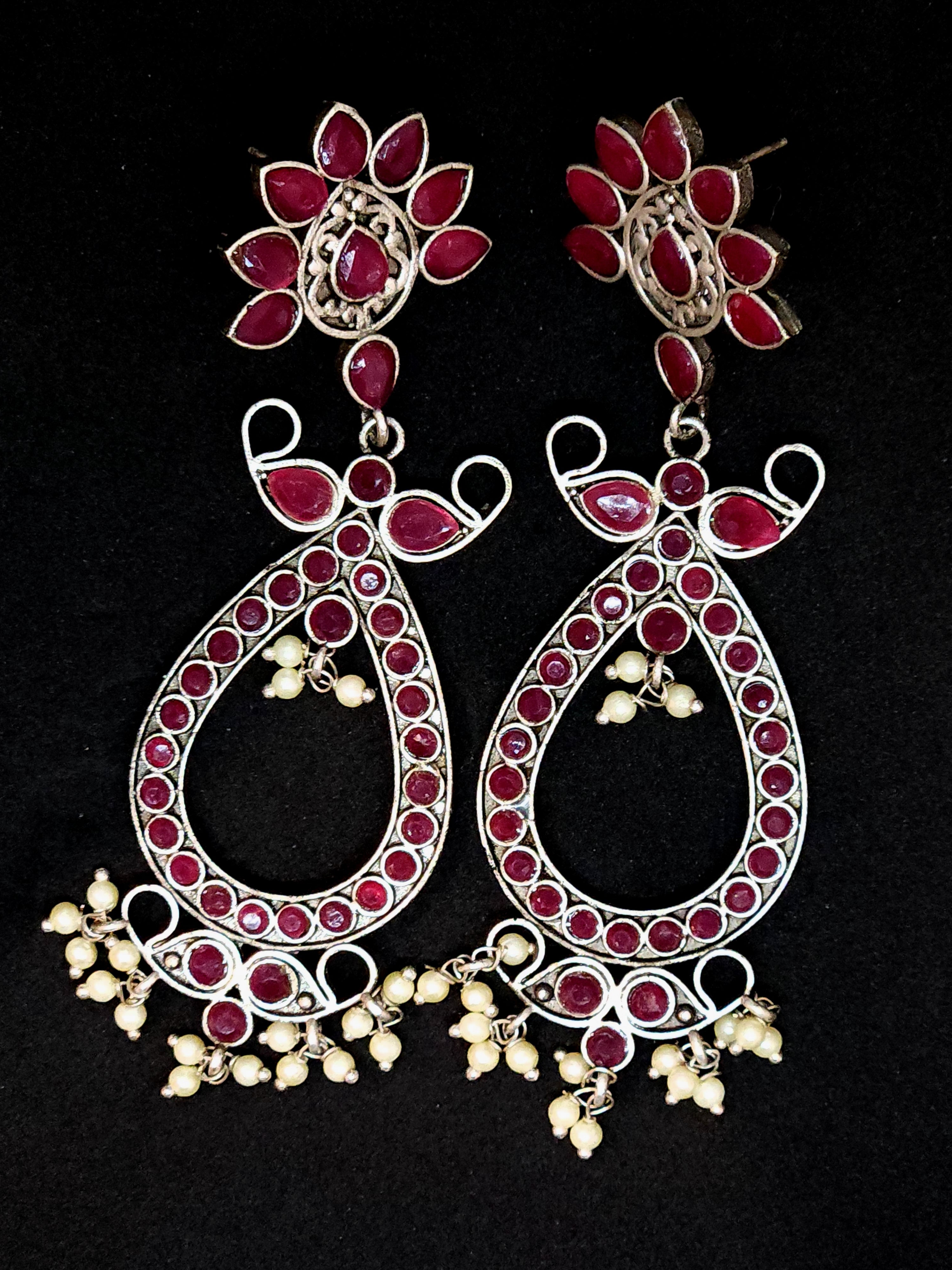 Ethnic Oxidised Red Stone Jhumkas