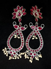 Ethnic Oxidised Red Stone Jhumkas