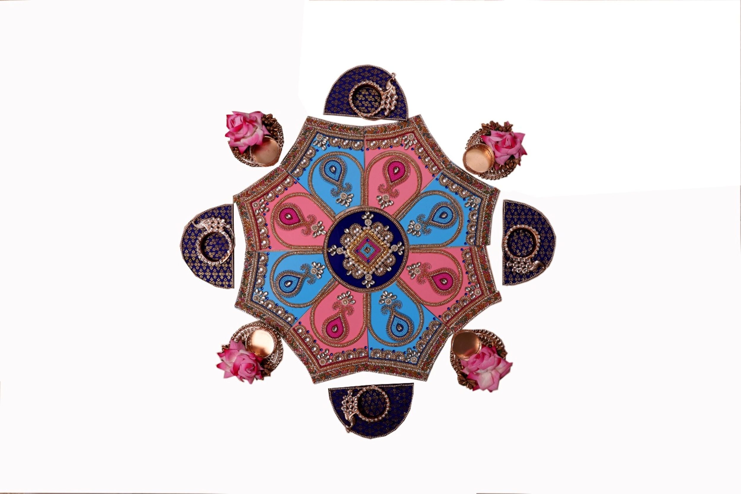Acrylic Diya Rangoli Set – Pink & Blue Paisley Design with Floral Diyas