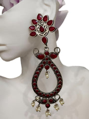 Ethnic Oxidised Red Stone Jhumkas