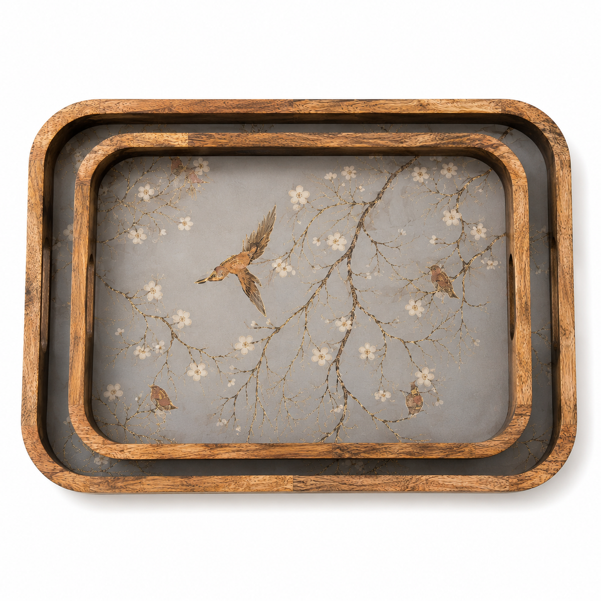 Grey Birdsong Rectangular Wooden Nesting Serving Tray Set of 2